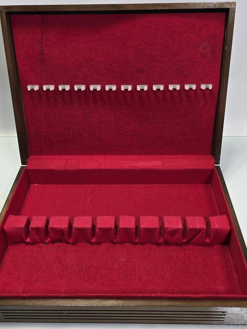 Vintage Flatware Silverware Wooden Chest Red Felt Lining Box 12 pl.